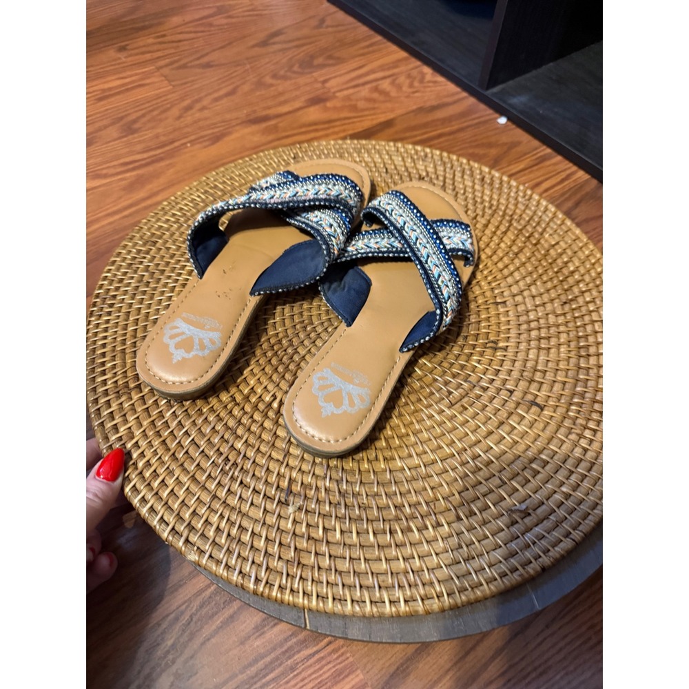 Fergalicious by Fergie Starlit Beaded Sequin Crisscross Slide Sandals Blue 6.5M - Picture 5 of 12